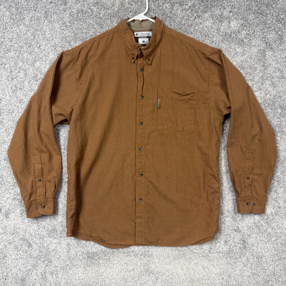 VTG Y2K Columbia Button Down Shirt Men L Brown Orange Plaid Long Sleeve Gorpcore